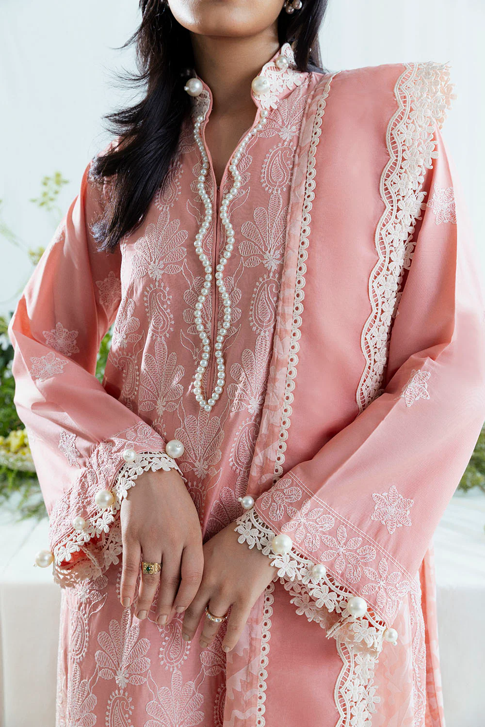 3 Piece Embroidered Lawn Suit with Borders and Silk Dupatta - Image 2