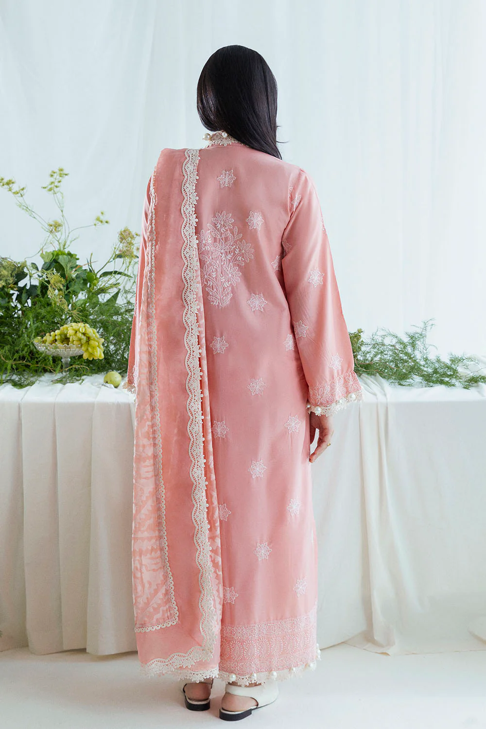 3 Piece Embroidered Lawn Suit with Borders and Silk Dupatta - Image 3