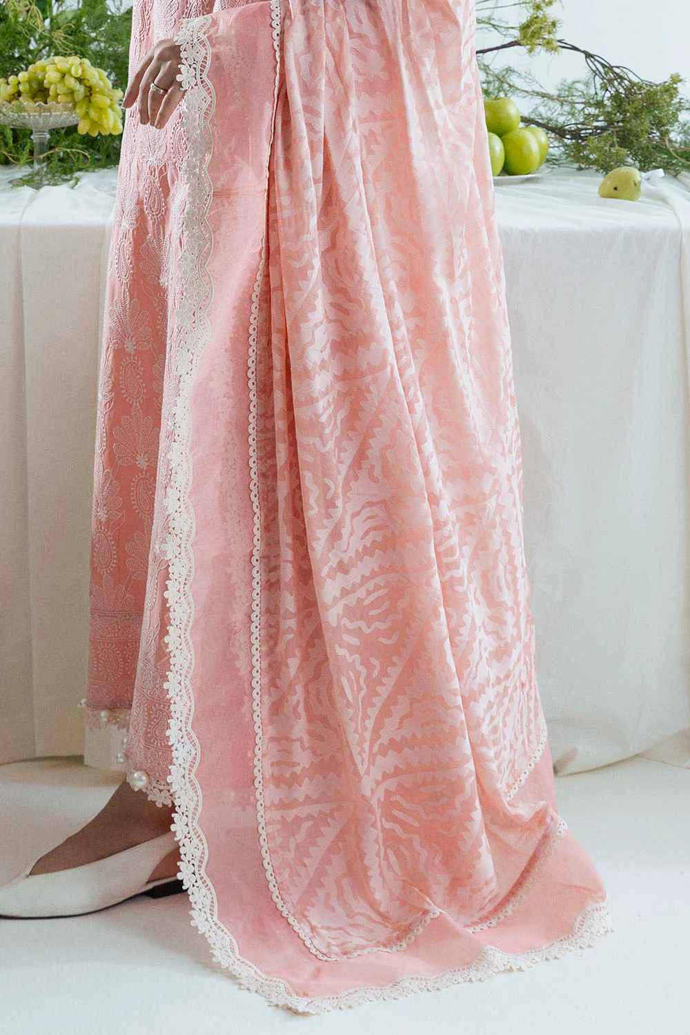 3 Piece Embroidered Lawn Suit with Borders and Silk Dupatta - Image 5