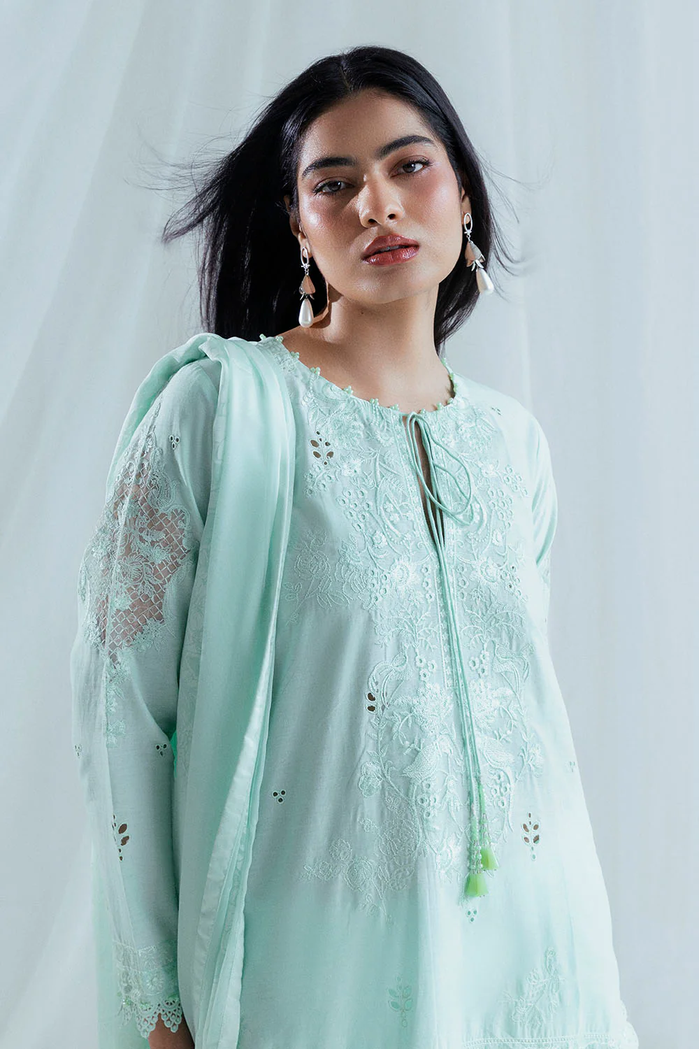 3 Piece Embroidered Lawn Suit with Borders, Bunches and Silk Dupatta - Image 2
