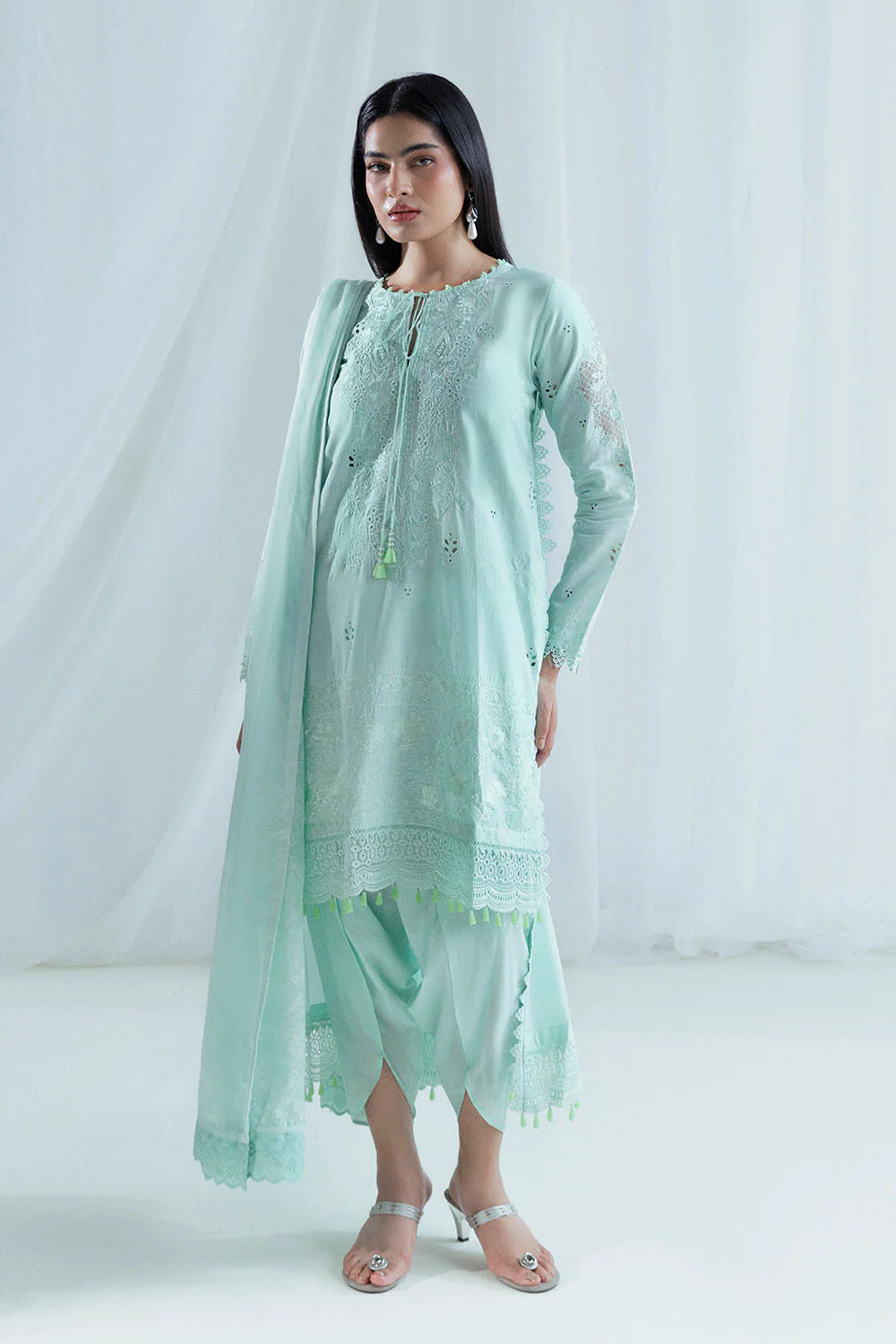 3 Piece Embroidered Lawn Suit with Borders, Bunches and Silk Dupatta - Image 3