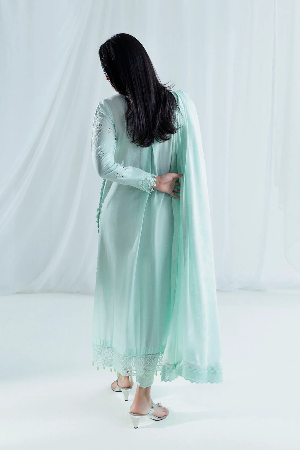 3 Piece Embroidered Lawn Suit with Borders, Bunches and Silk Dupatta - Image 4