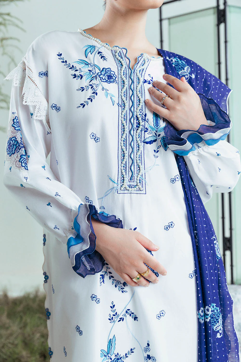 3 Piece Embroidered Lawn Suit with Bunches and Zari Dupatta - Image 2