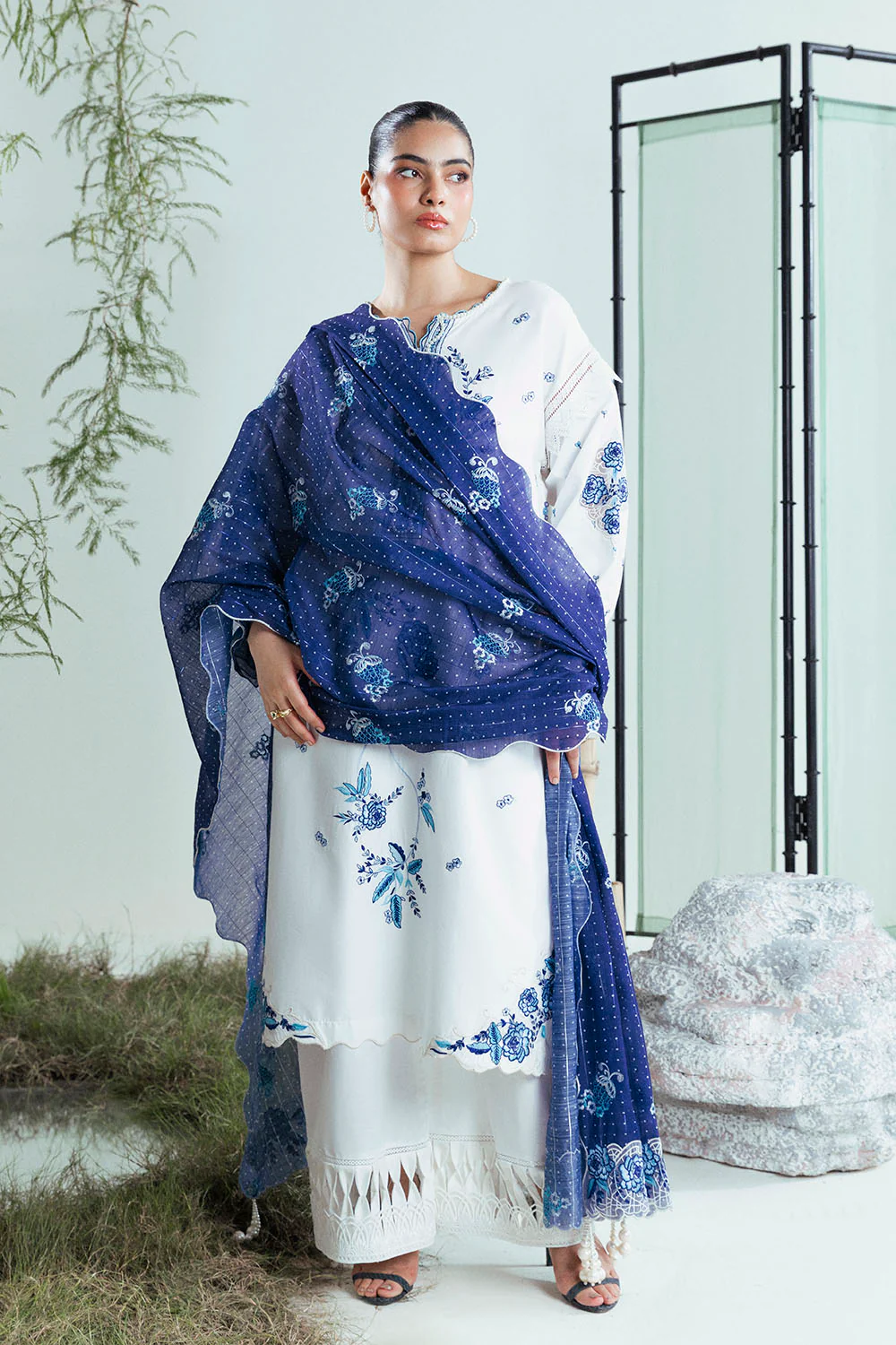 3 Piece Embroidered Lawn Suit with Bunches and Zari Dupatta - Image 6