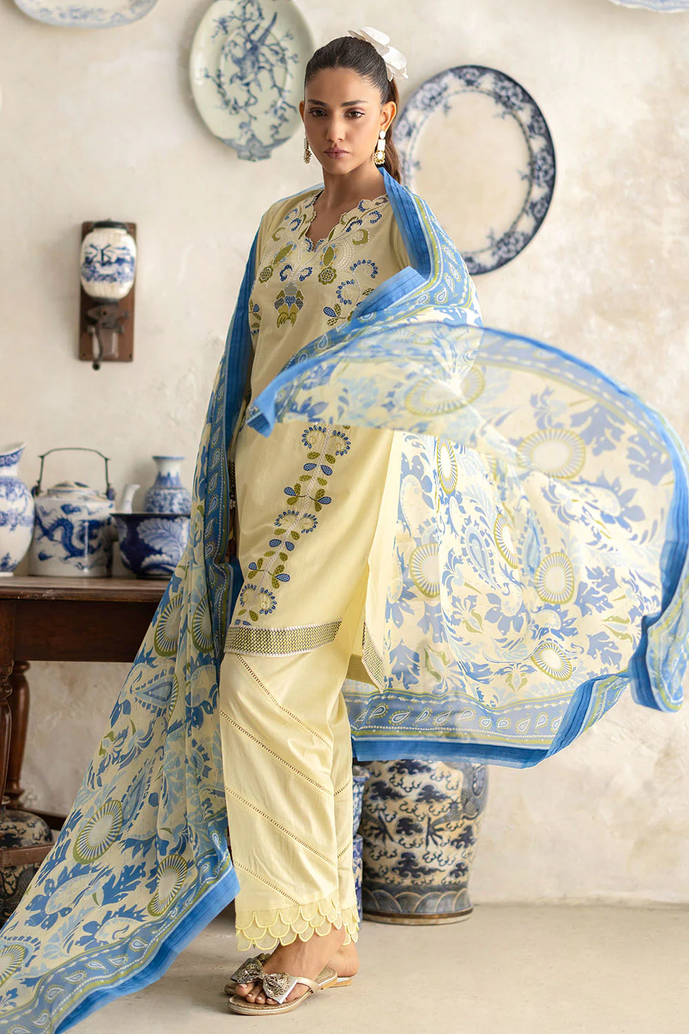 3 Piece Embroidered Lawn Suit with Chiffon Dupatta and Borders - Image 3