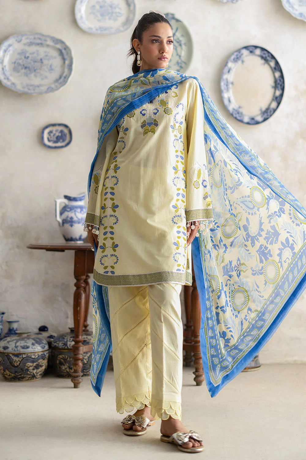 3 Piece Embroidered Lawn Suit with Chiffon Dupatta and Borders - Image 5