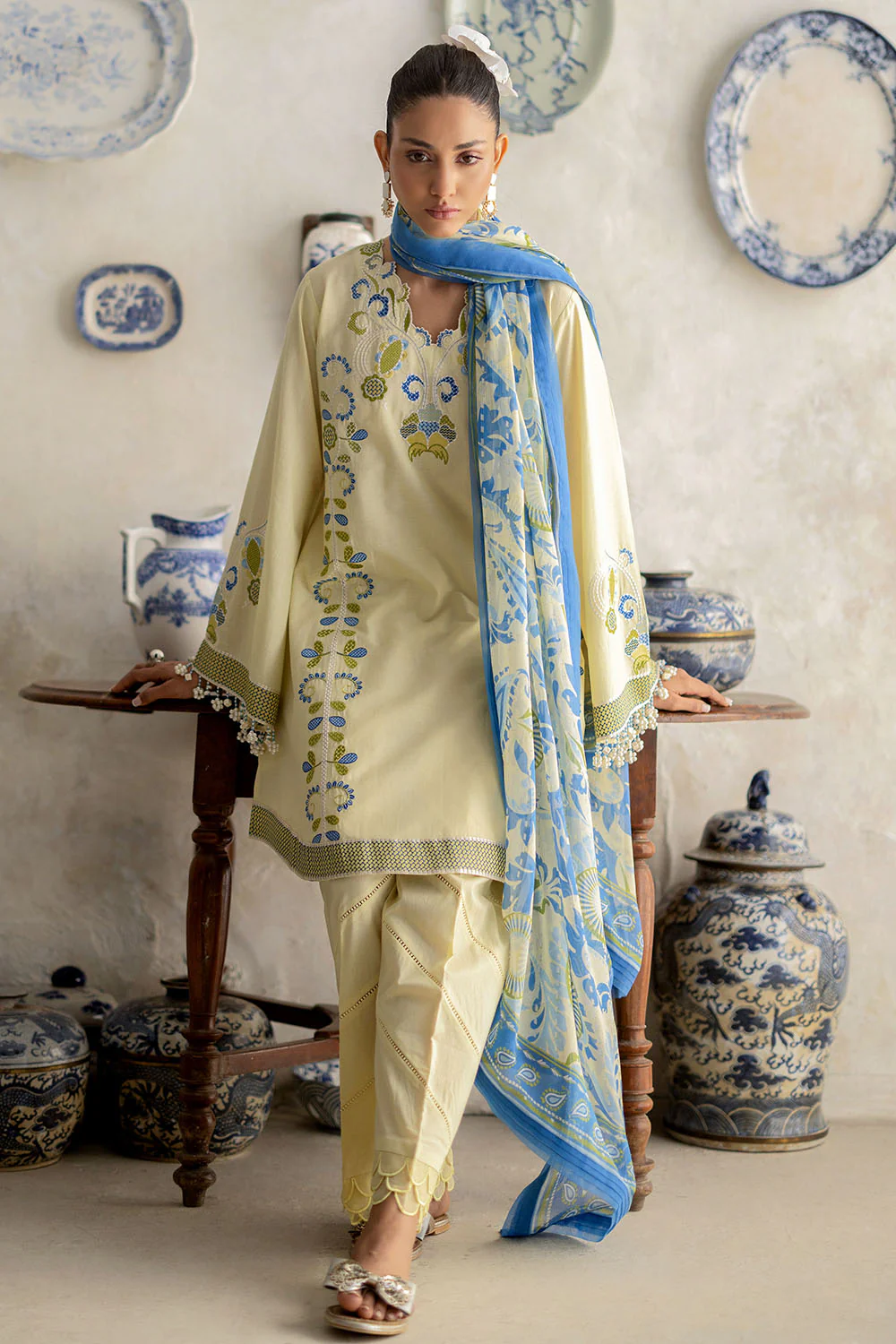 3 Piece Embroidered Lawn Suit with Chiffon Dupatta and Borders - Image 6
