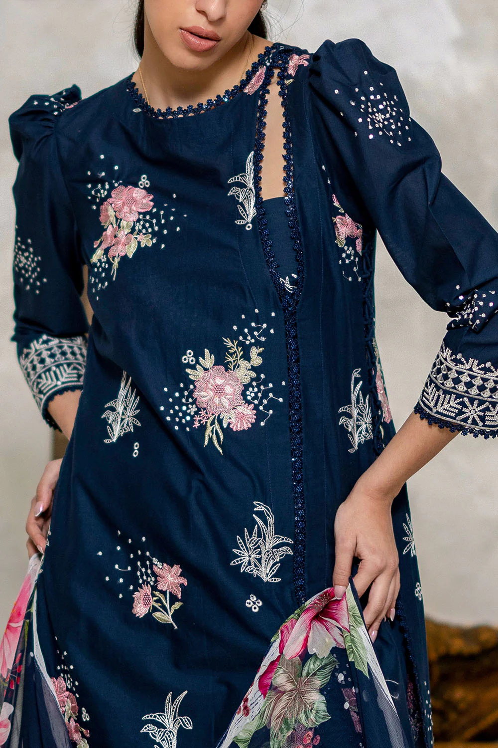 3 Piece Embroidered Lawn Suit with Chiffon Dupatta and Borders - Image 2