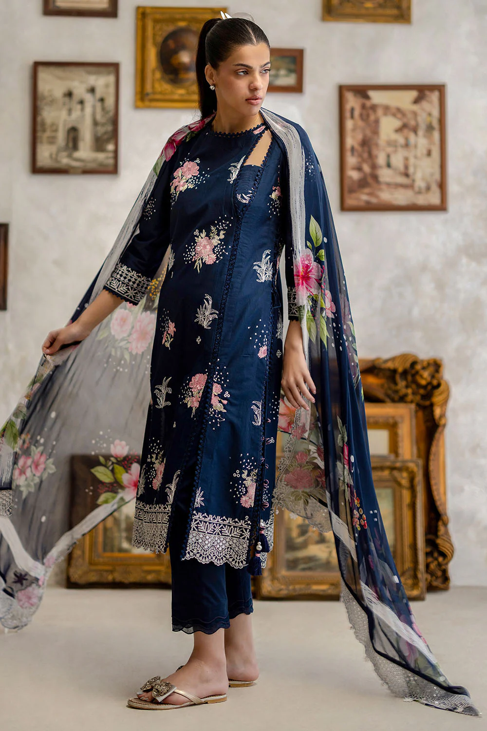 3 Piece Embroidered Lawn Suit with Chiffon Dupatta and Borders - Image 3