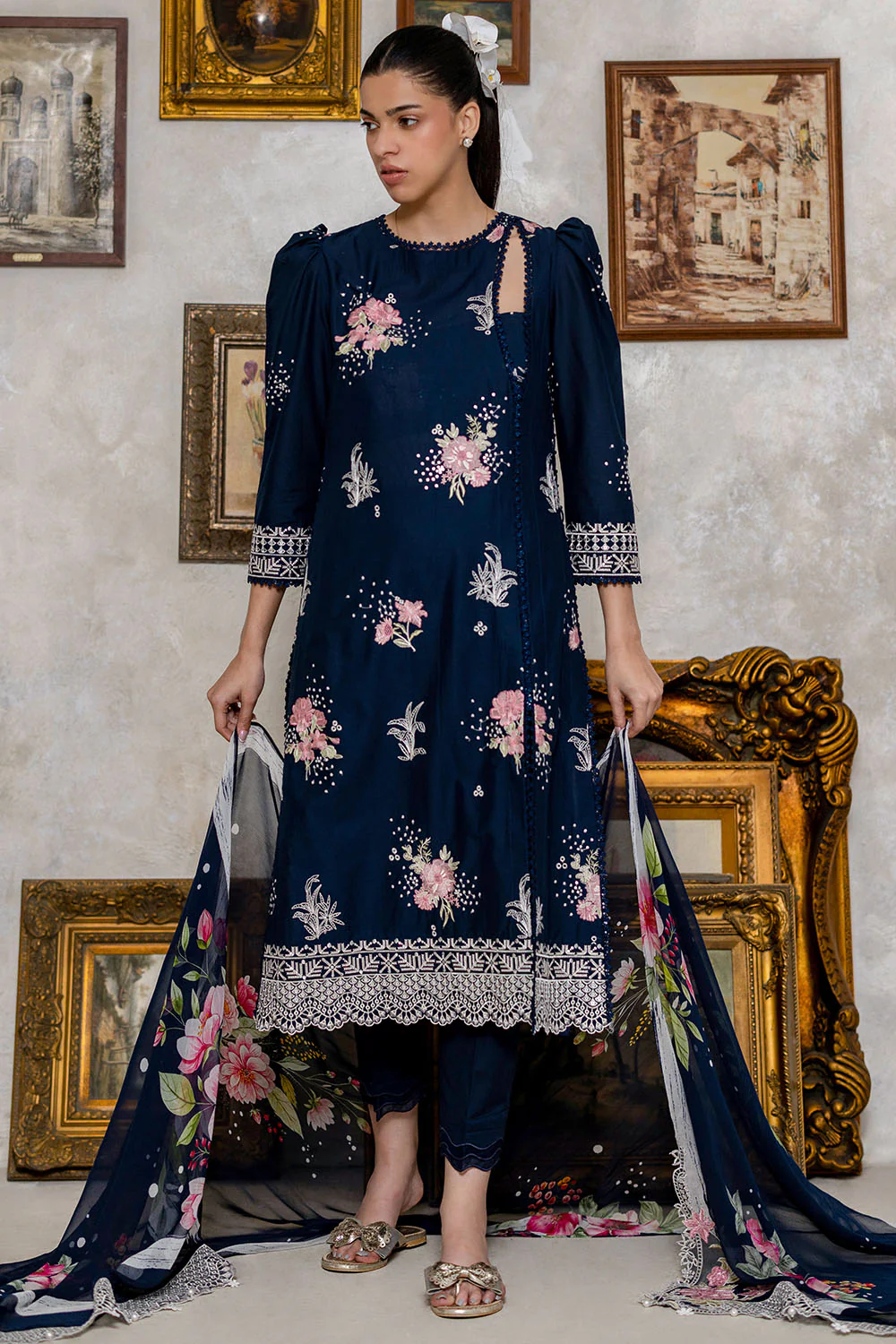 3 Piece Embroidered Lawn Suit with Chiffon Dupatta and Borders - Image 6