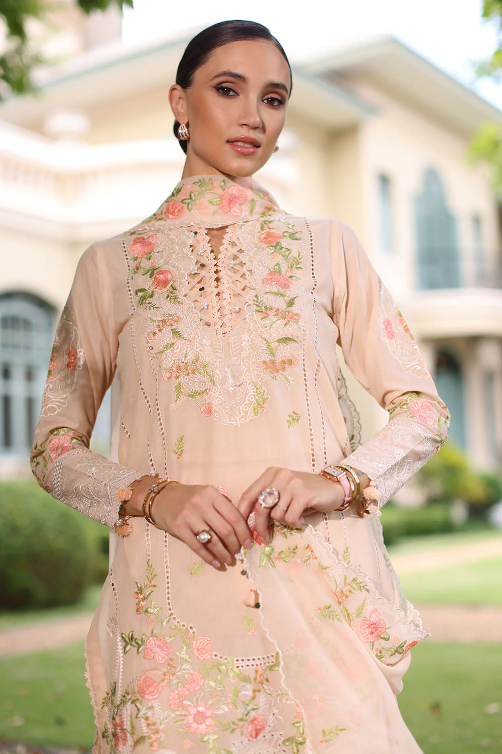 3 Piece Embroidered Lawn Suit with Chiffon Dupatta - Image 3