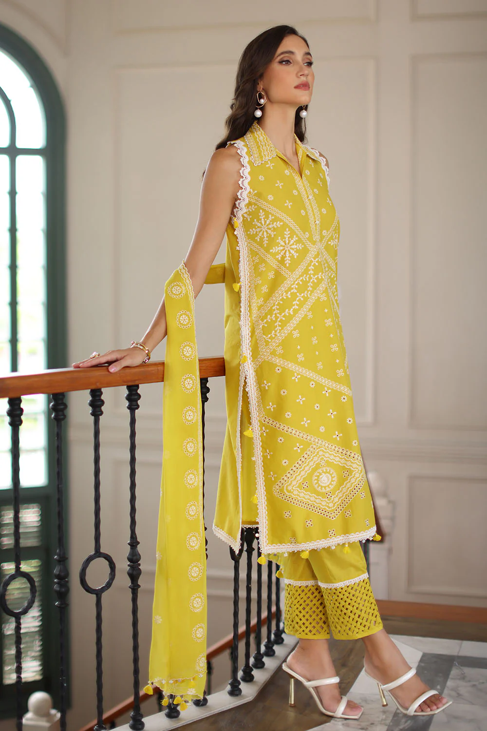 3 Piece Embroidered Lawn Suit with Chiffon Dupatta - Image 4