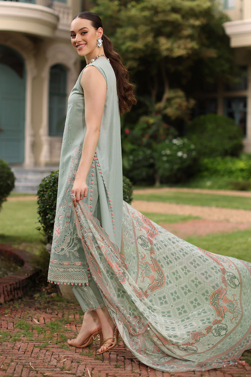 3 Piece Embroidered Lawn Suit with Chiffon Dupatta - Image 3