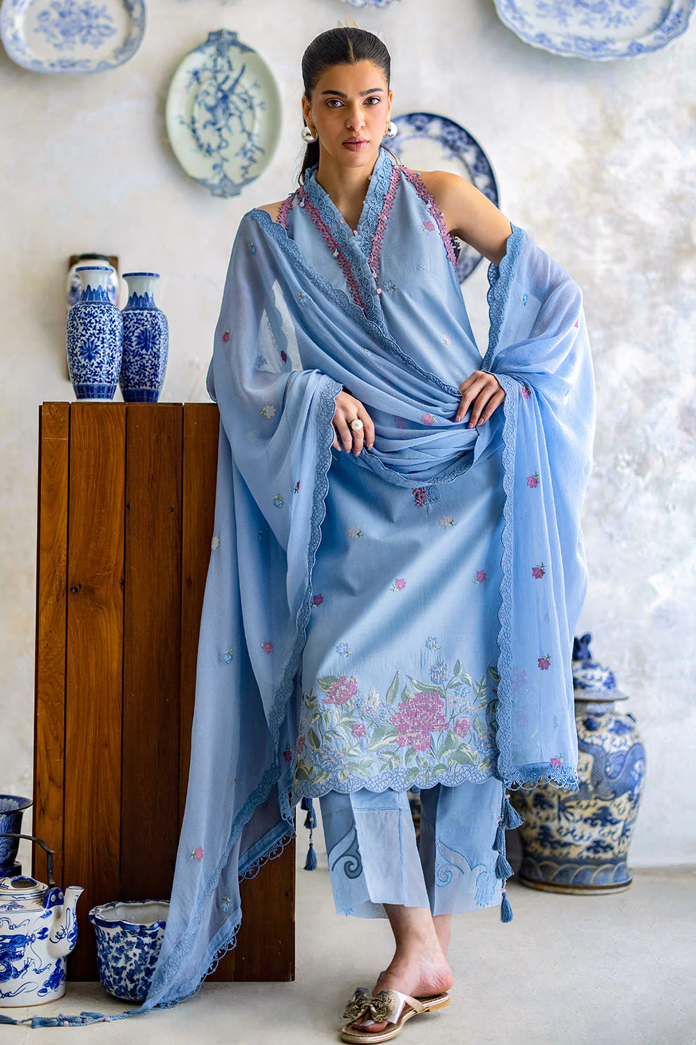 3 Piece Embroidered Lawn Suit with Chiffon Dupatta - Image 6