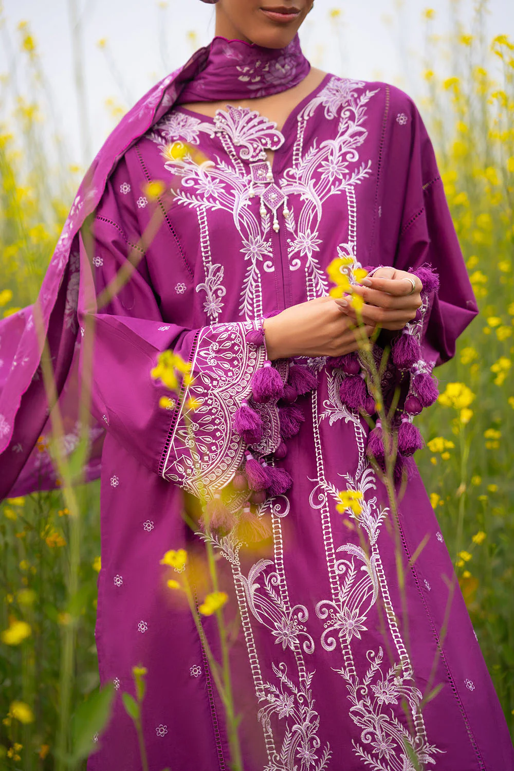 3 Piece Embroidered Lawn Suit with Embroidered Borders and Printed Trouser - Image 2