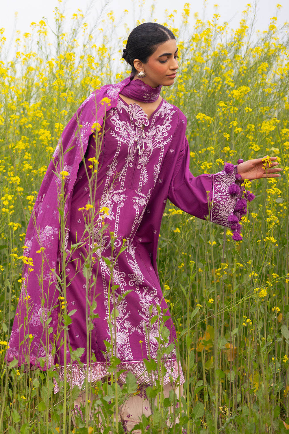3 Piece Embroidered Lawn Suit with Embroidered Borders and Printed Trouser - Image 3