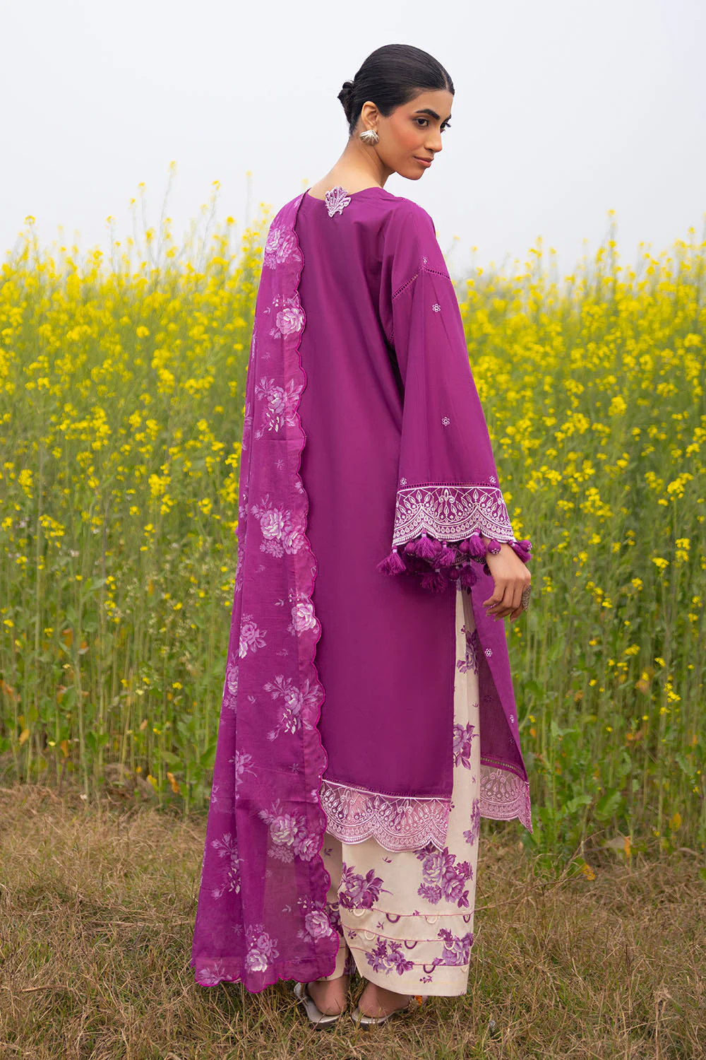 3 Piece Embroidered Lawn Suit with Embroidered Borders and Printed Trouser - Image 4