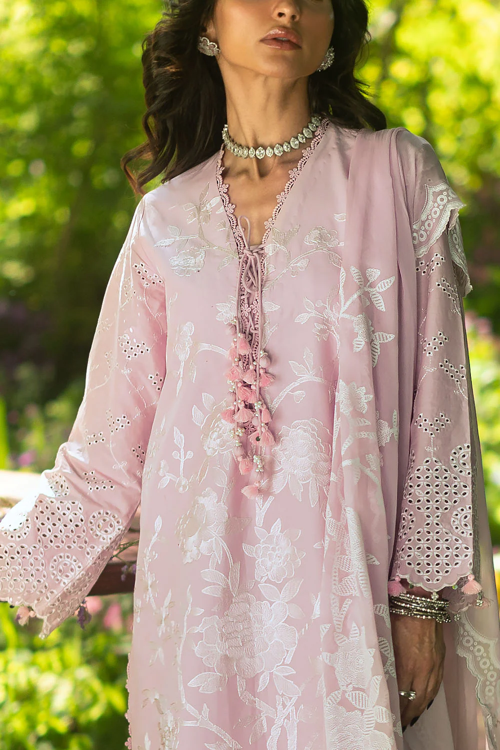 3 Piece Embroidered Lawn Suit with Embroidered Borders and Trouser and Lacquer Printed Chiffon Dupatta - Image 2