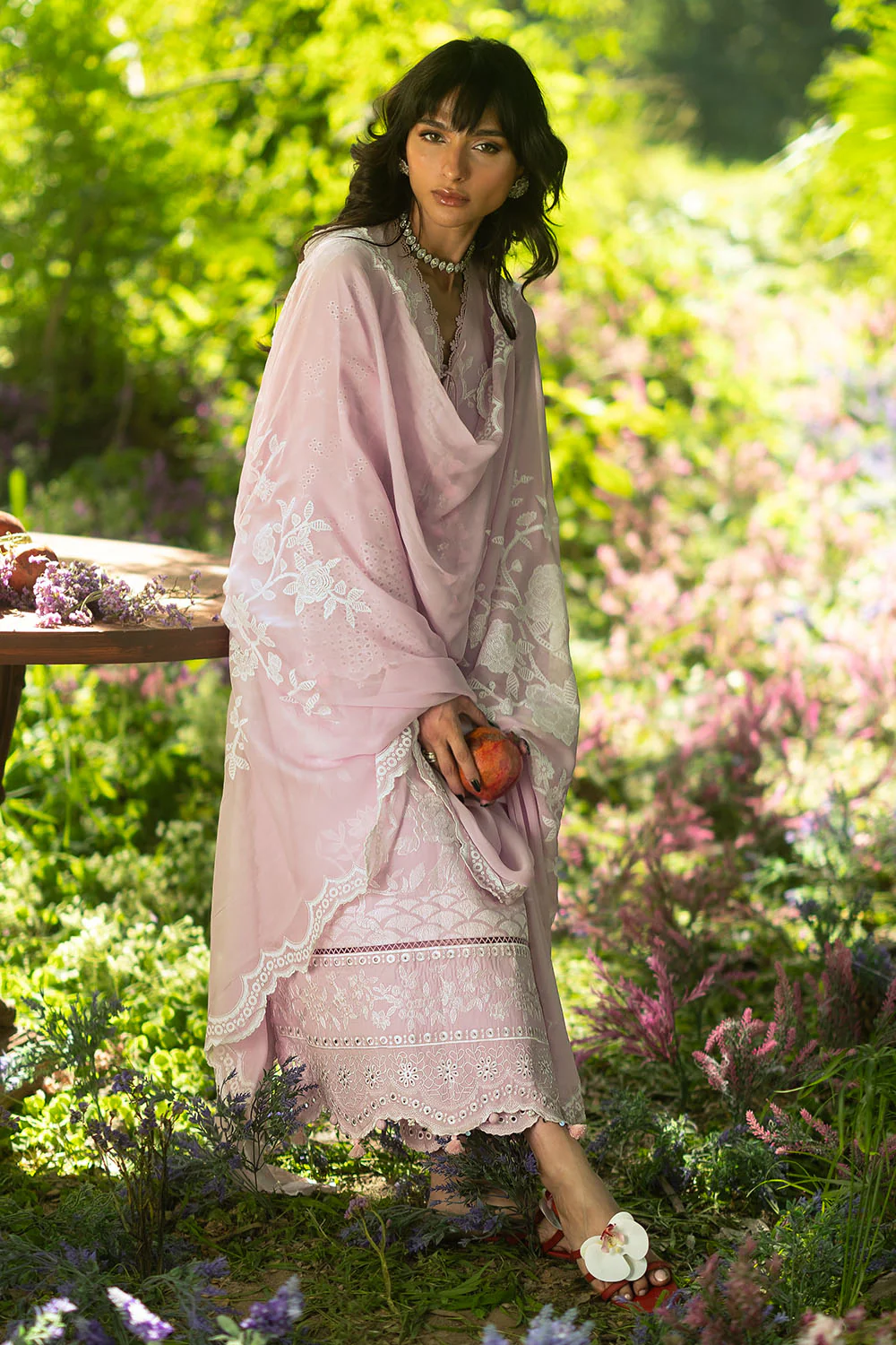 3 Piece Embroidered Lawn Suit with Embroidered Borders and Trouser and Lacquer Printed Chiffon Dupatta - Image 3