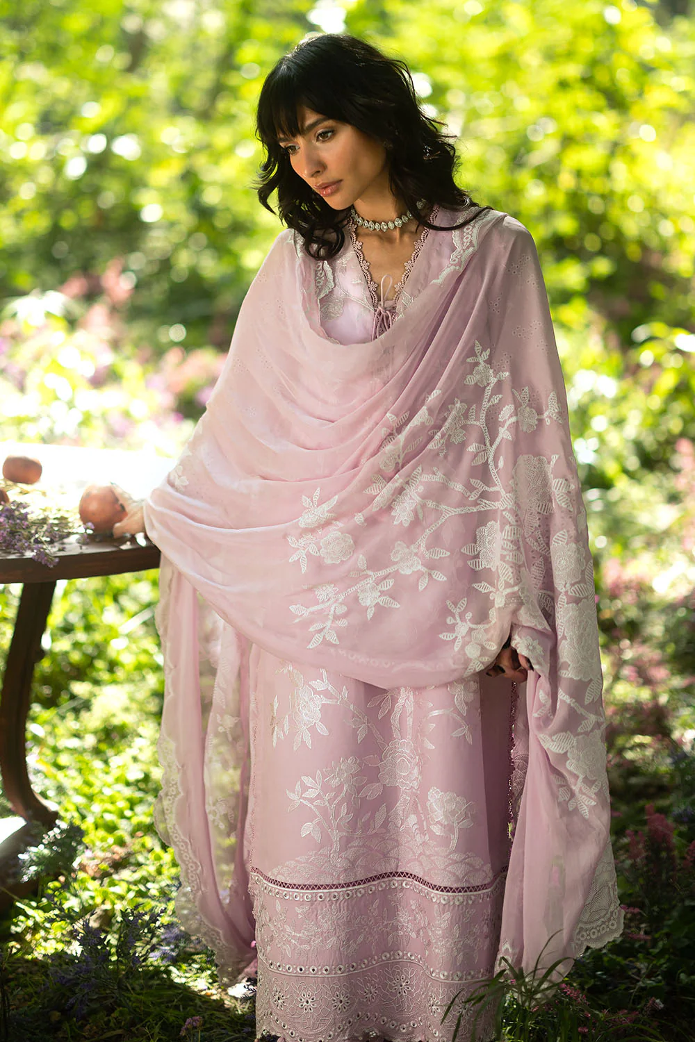 3 Piece Embroidered Lawn Suit with Embroidered Borders and Trouser and Lacquer Printed Chiffon Dupatta - Image 4
