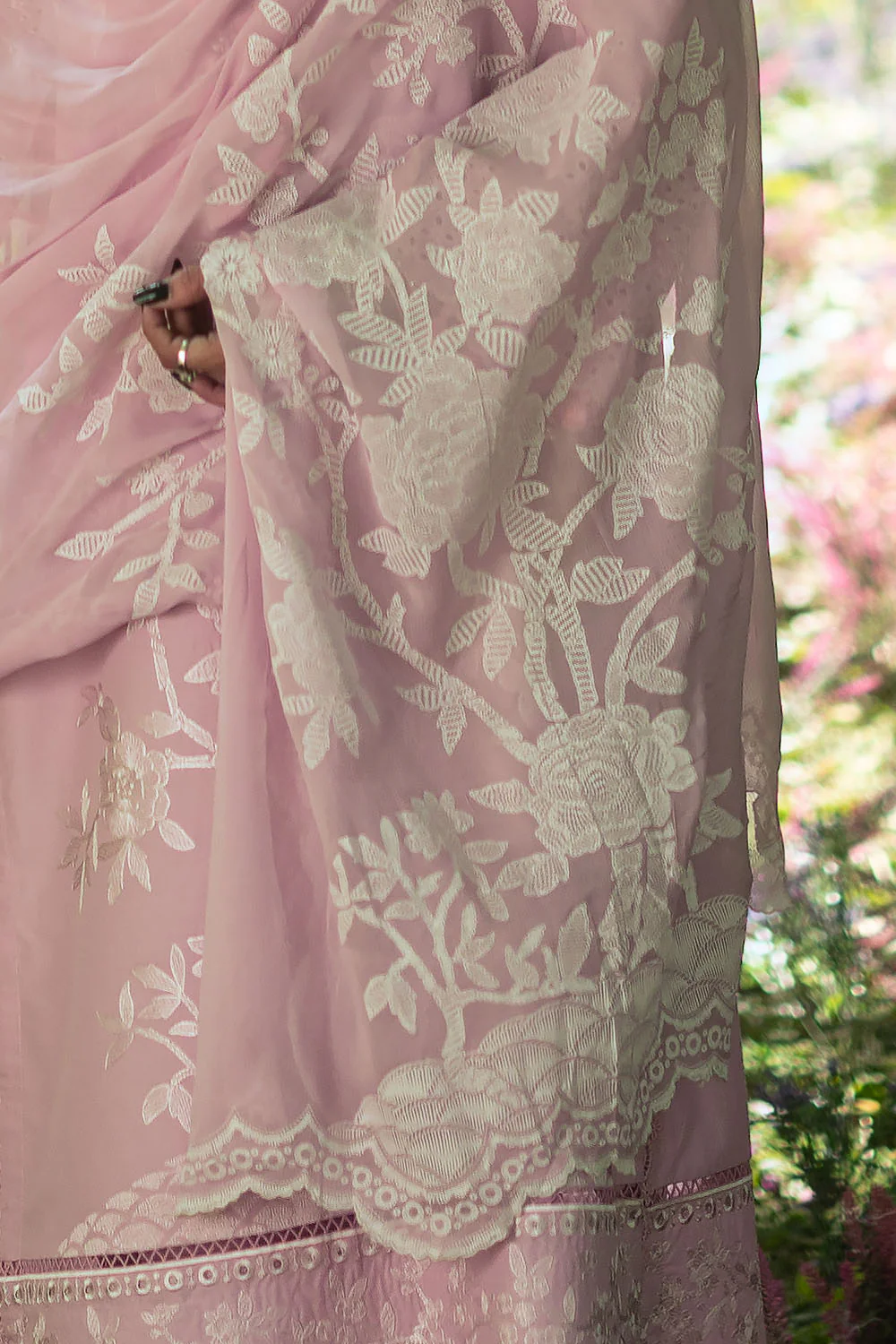 3 Piece Embroidered Lawn Suit with Embroidered Borders and Trouser and Lacquer Printed Chiffon Dupatta - Image 5