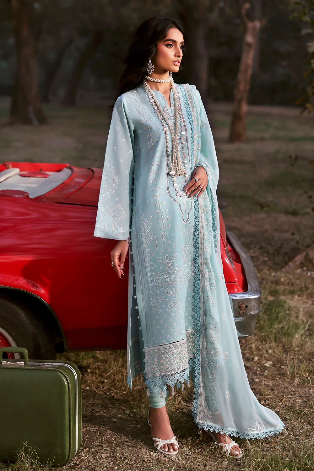 3 Piece Embroidered Lawn Suit with Embroidered Chiffon Dupatta - Image 3
