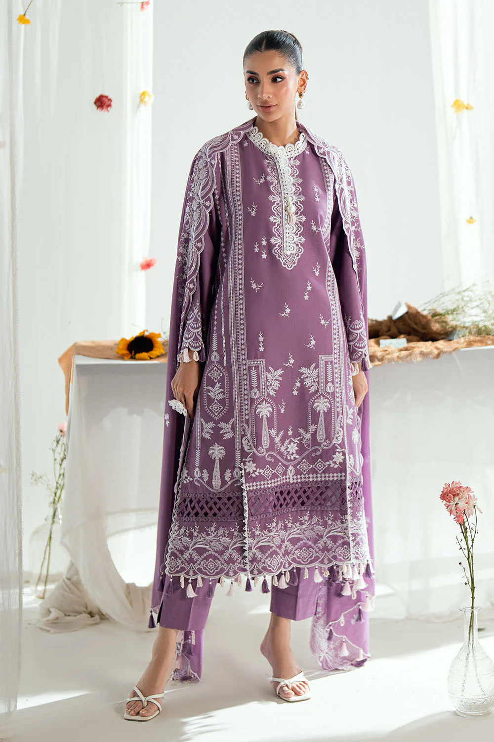 3 Piece Embroidered Lawn Suit with Embroidered Denting Dupatta - Image 2