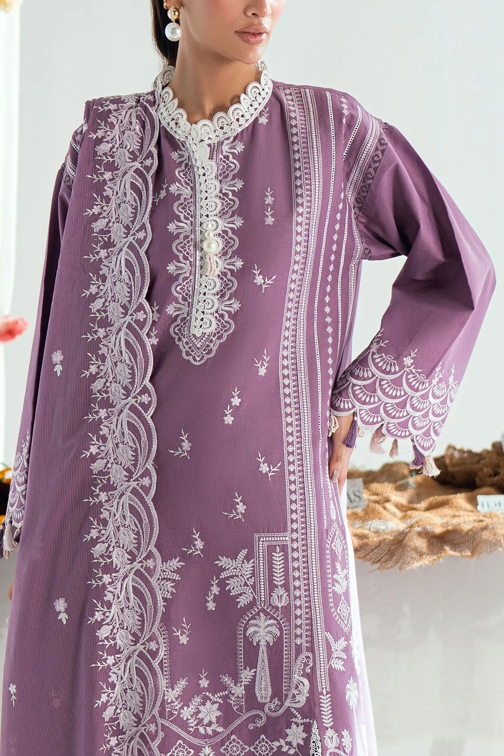 3 Piece Embroidered Lawn Suit with Embroidered Denting Dupatta - Image 3