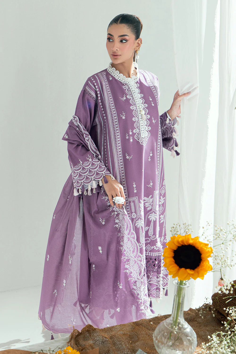 3 Piece Embroidered Lawn Suit with Embroidered Denting Dupatta - Image 4