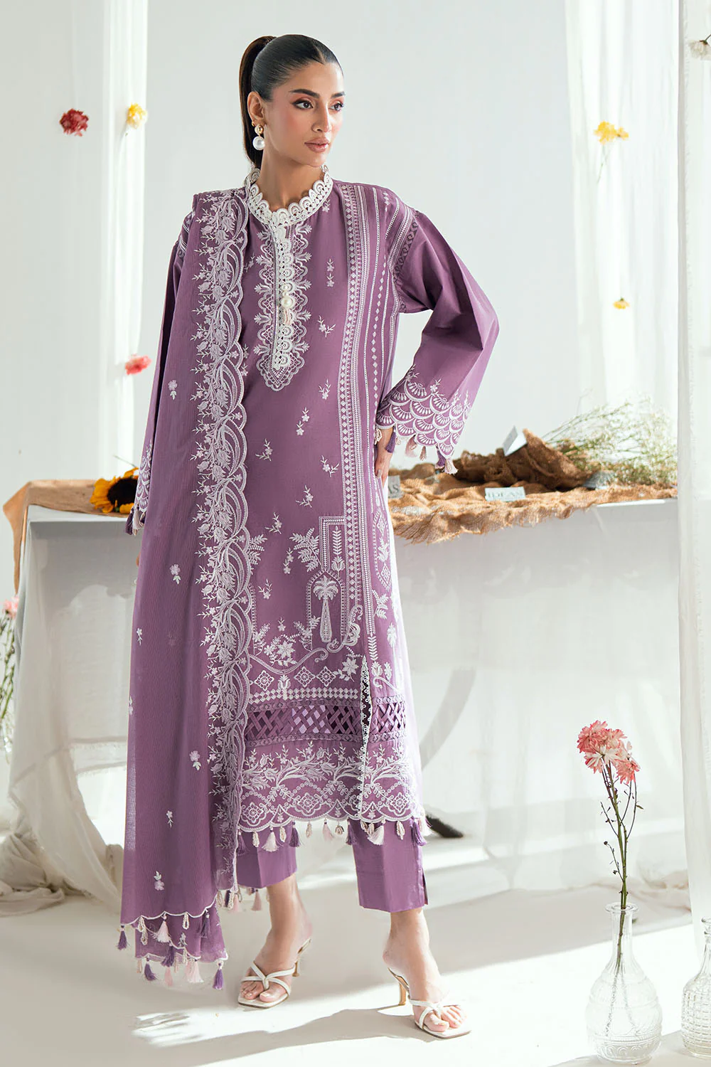 3 Piece Embroidered Lawn Suit with Embroidered Denting Dupatta - Image 7