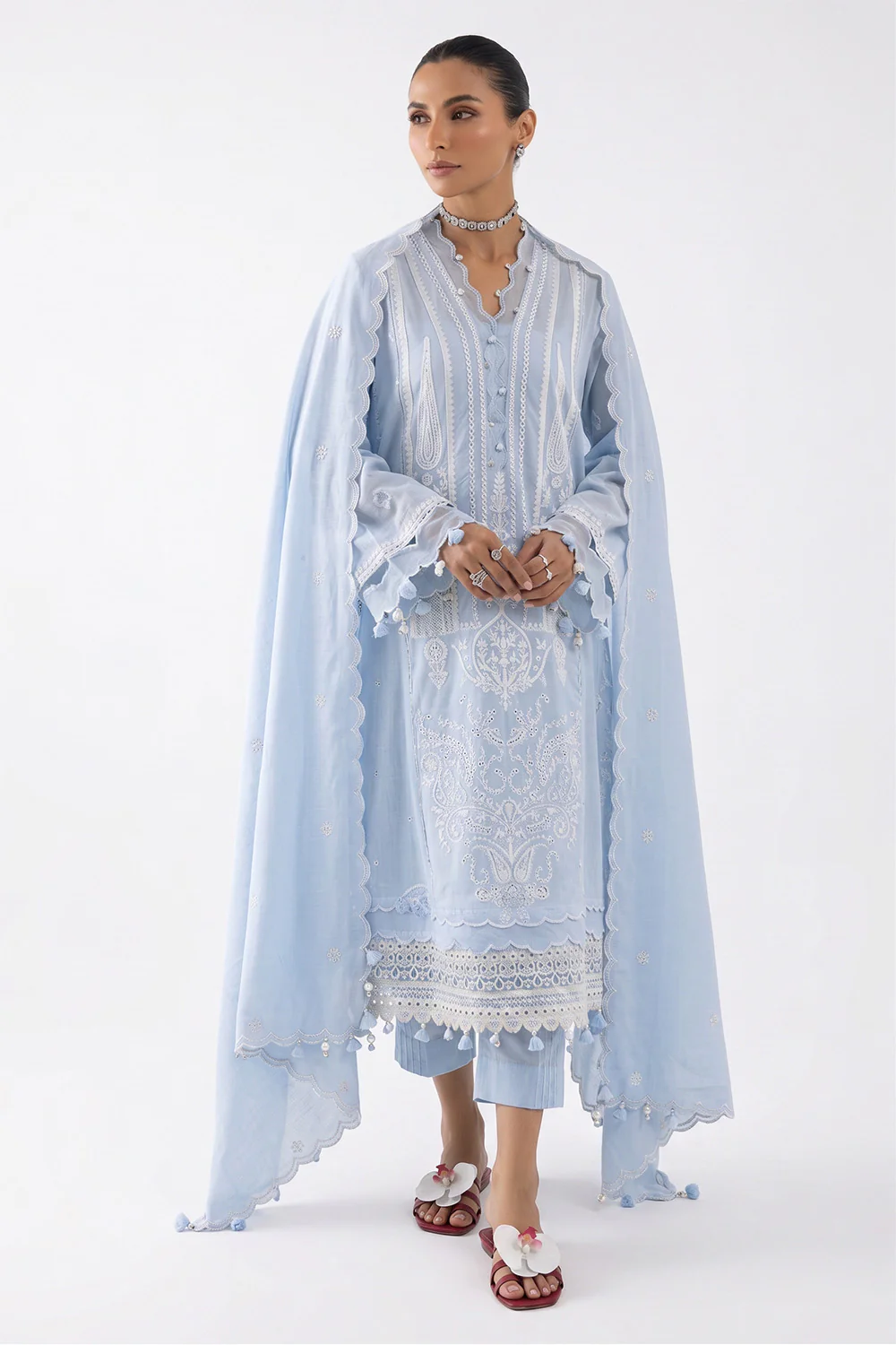 3 Piece Embroidered Lawn Suit with Embroidered Organza Borders and Embroidered Paper Cotton Dupatta