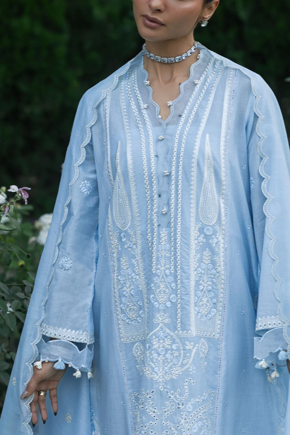 3 Piece Embroidered Lawn Suit with Embroidered Organza Borders and Embroidered Paper Cotton Dupatta - Image 2