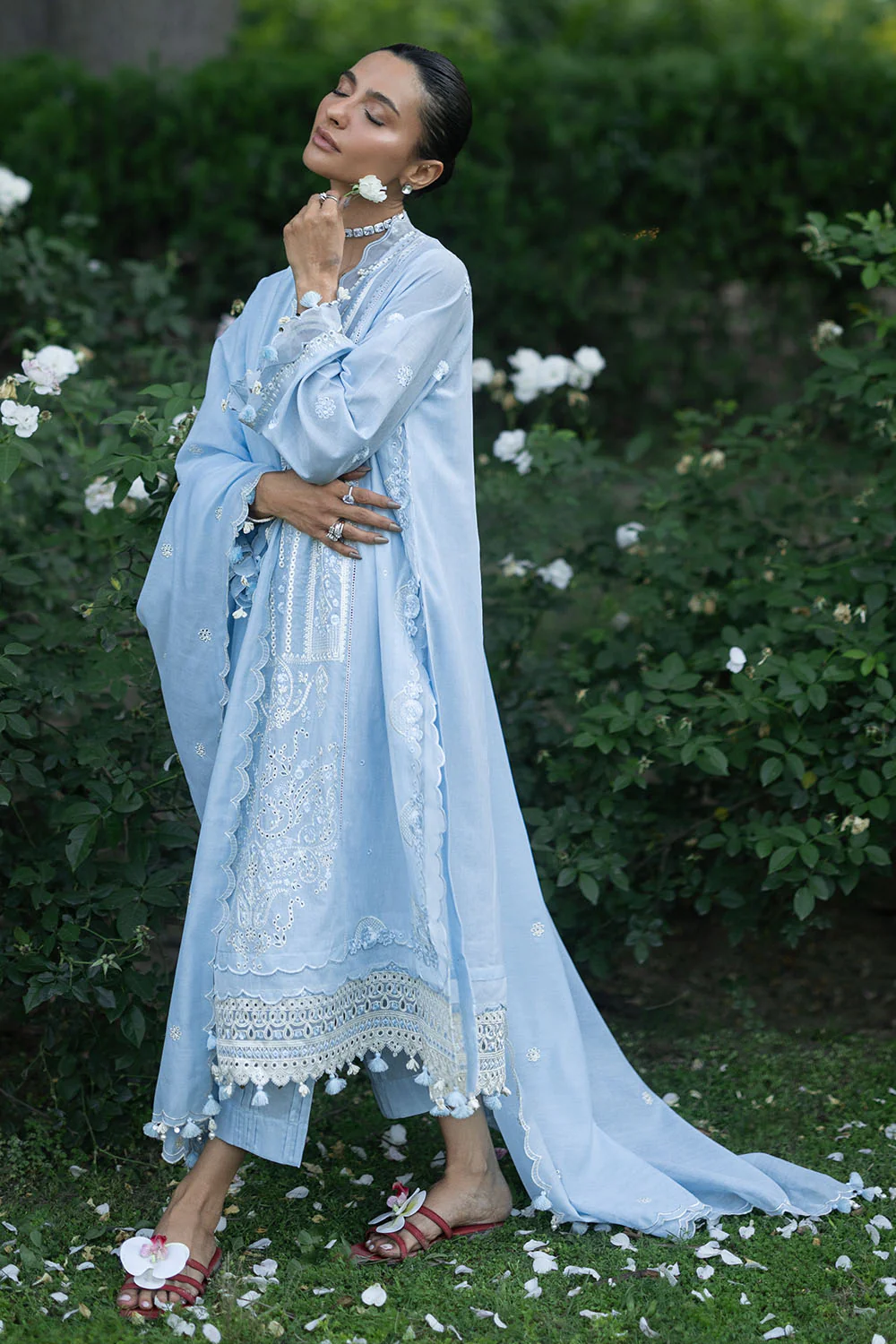3 Piece Embroidered Lawn Suit with Embroidered Organza Borders and Embroidered Paper Cotton Dupatta - Image 3