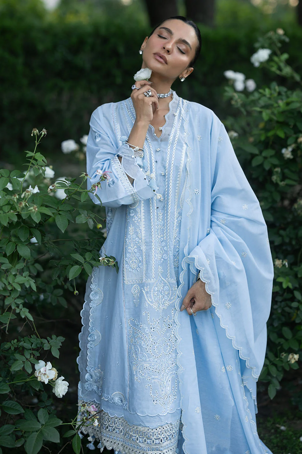 3 Piece Embroidered Lawn Suit with Embroidered Organza Borders and Embroidered Paper Cotton Dupatta - Image 5
