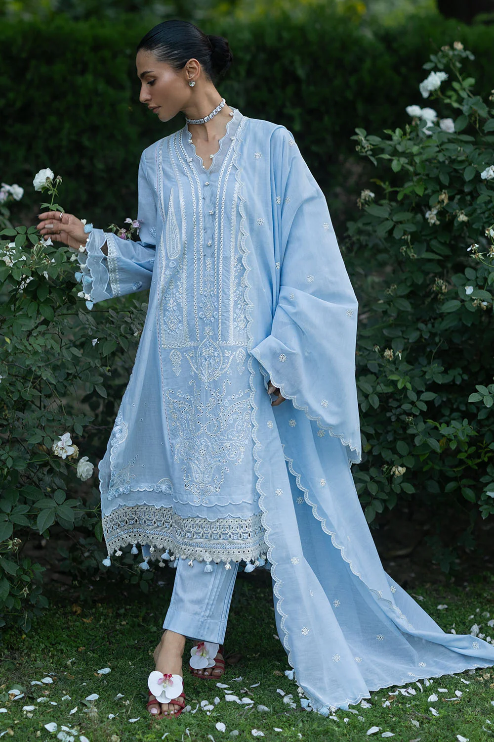 3 Piece Embroidered Lawn Suit with Embroidered Organza Borders and Embroidered Paper Cotton Dupatta - Image 7