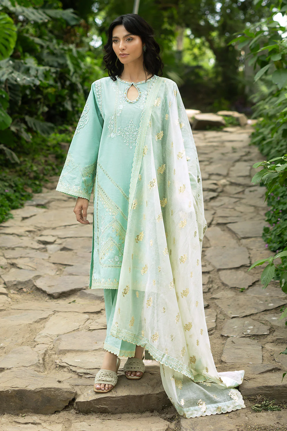 3 Piece Embroidered Lawn Suit with Embroidered Organza Details and Jacquard Dupatta - Image 3