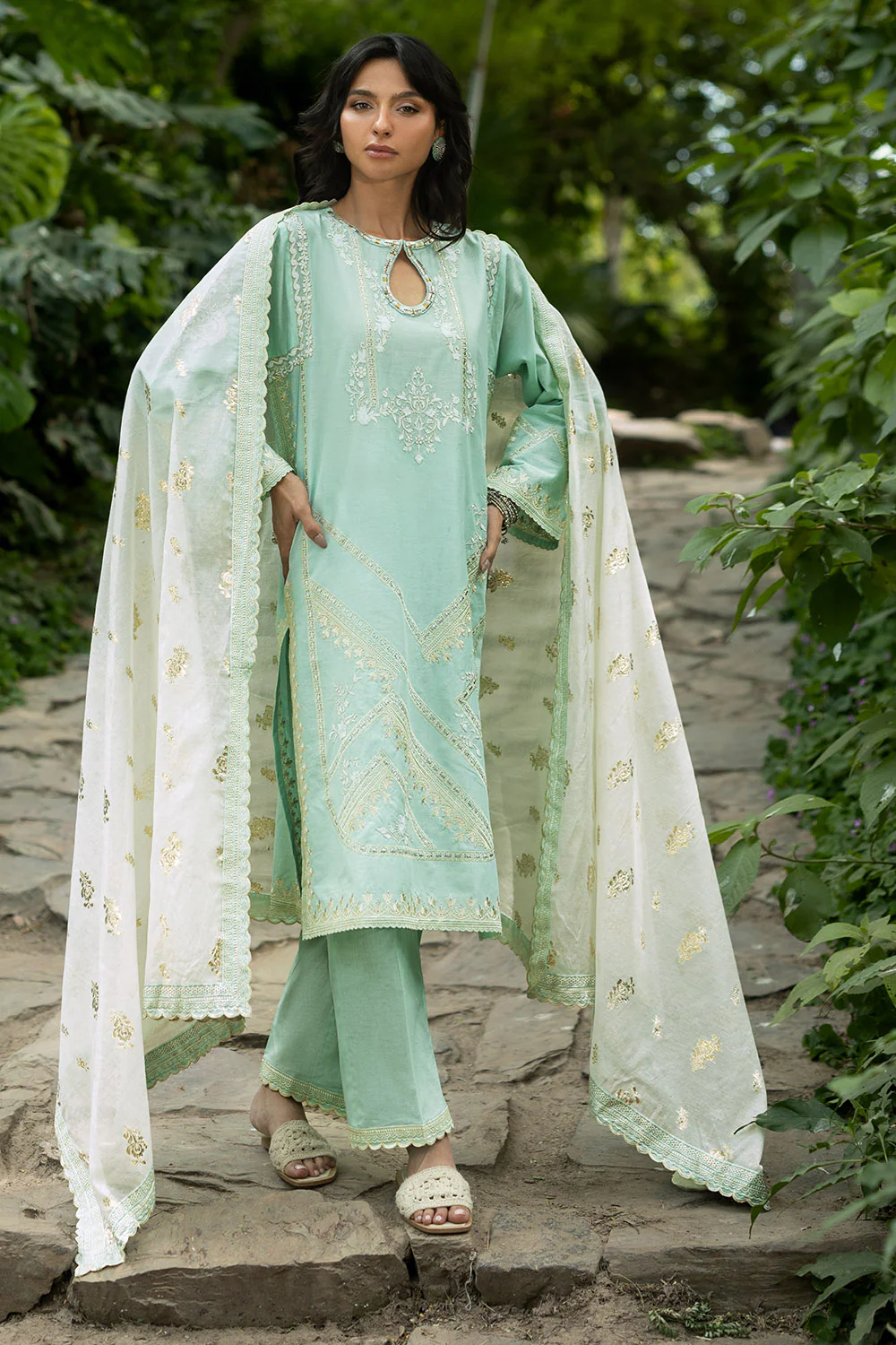 3 Piece Embroidered Lawn Suit with Embroidered Organza Details and Jacquard Dupatta - Image 5