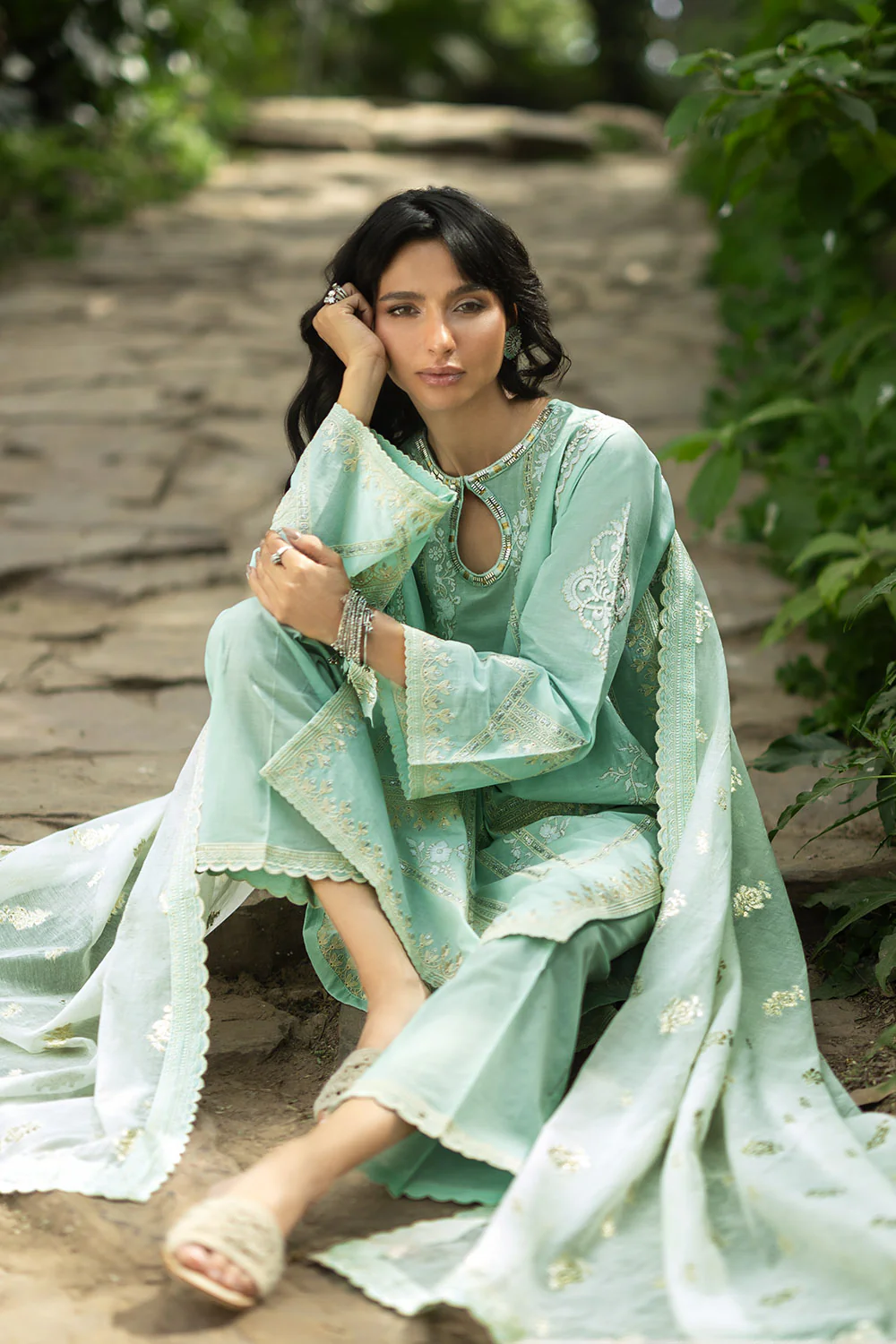 3 Piece Embroidered Lawn Suit with Embroidered Organza Details and Jacquard Dupatta - Image 6