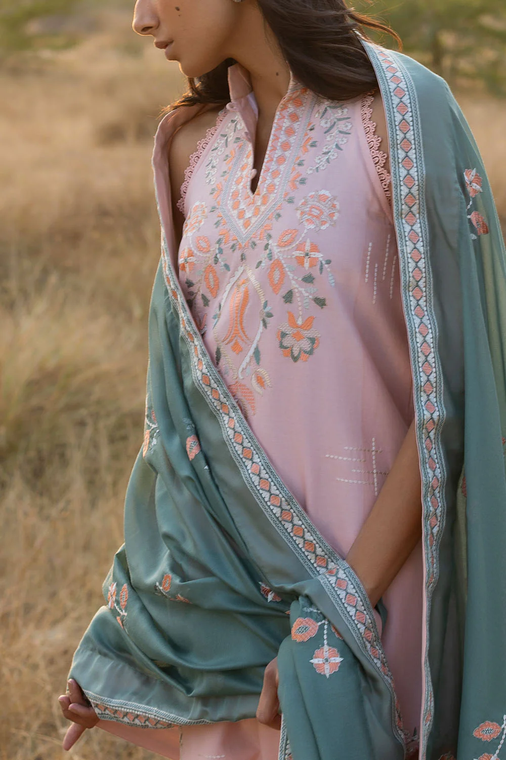 3 Piece Embroidered Lawn Suit with Embroidered Paper Cotton Dupatta - Image 2