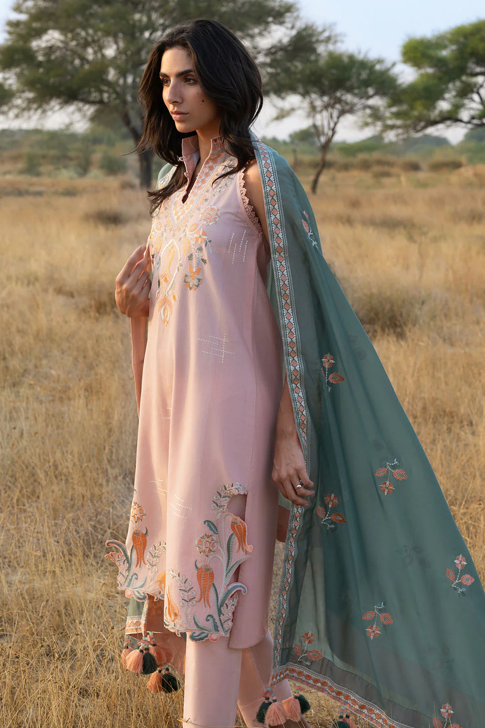 3 Piece Embroidered Lawn Suit with Embroidered Paper Cotton Dupatta - Image 3