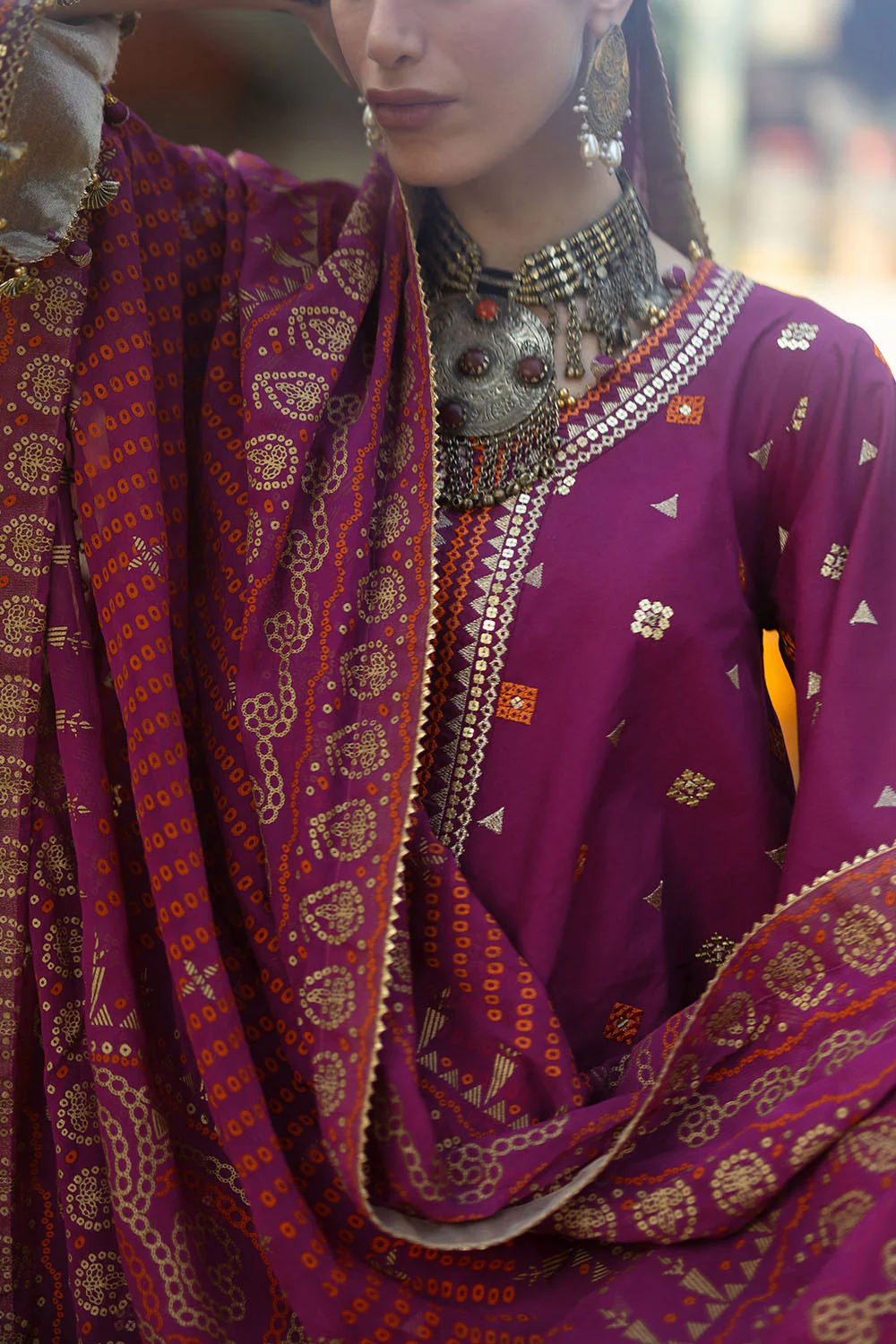 3 Piece Embroidered Lawn Suit with Gold and Lacquer Printed Chiffon Dupatta and Dyed Trouser - Image 2