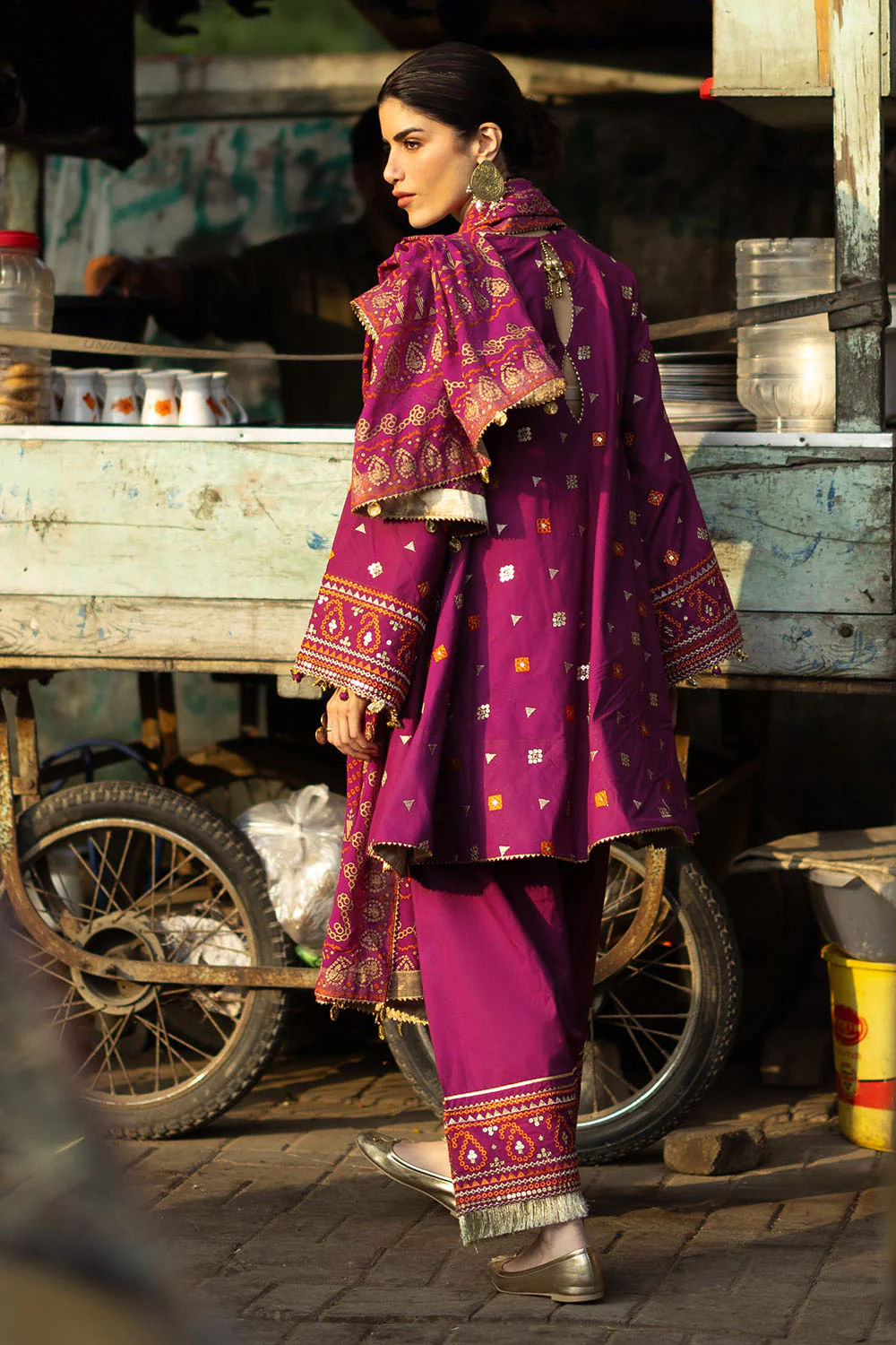 3 Piece Embroidered Lawn Suit with Gold and Lacquer Printed Chiffon Dupatta and Dyed Trouser - Image 3