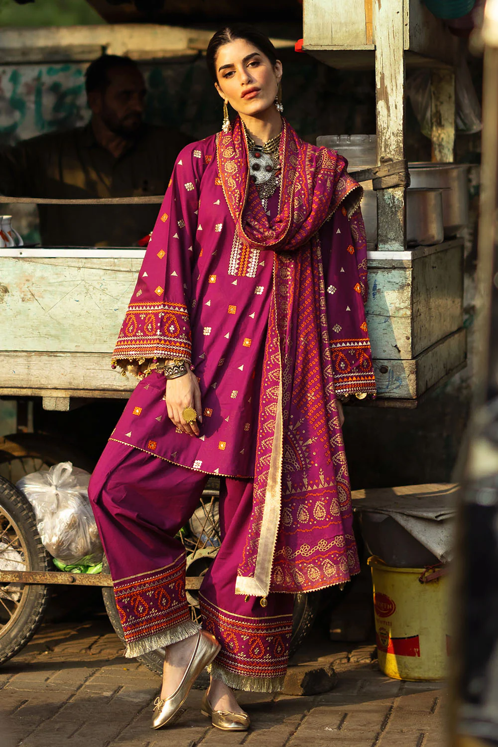 3 Piece Embroidered Lawn Suit with Gold and Lacquer Printed Chiffon Dupatta and Dyed Trouser - Image 4