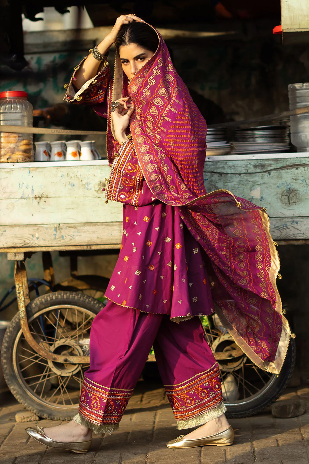3 Piece Embroidered Lawn Suit with Gold and Lacquer Printed Chiffon Dupatta and Dyed Trouser - Image 5