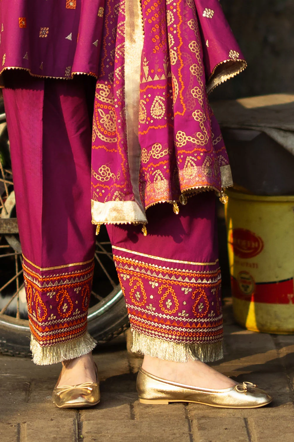 3 Piece Embroidered Lawn Suit with Gold and Lacquer Printed Chiffon Dupatta and Dyed Trouser - Image 6
