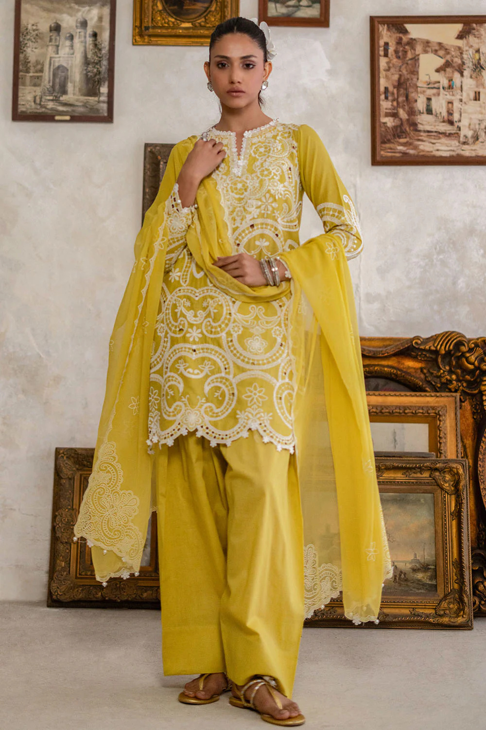 3 Piece Embroidered Lawn Suit with Lacquer Printed Chiffon Dupatta - Image 6