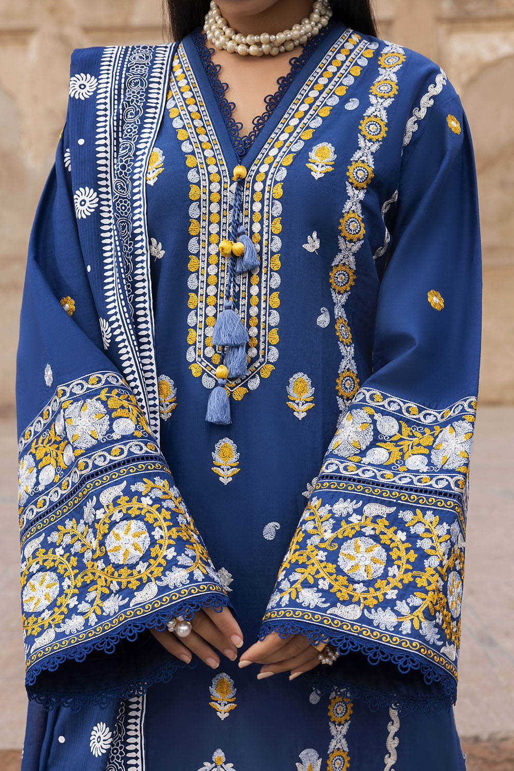 3 Piece Embroidered Lawn Suit with Lacquer Printed Denting Dupatta - Image 2