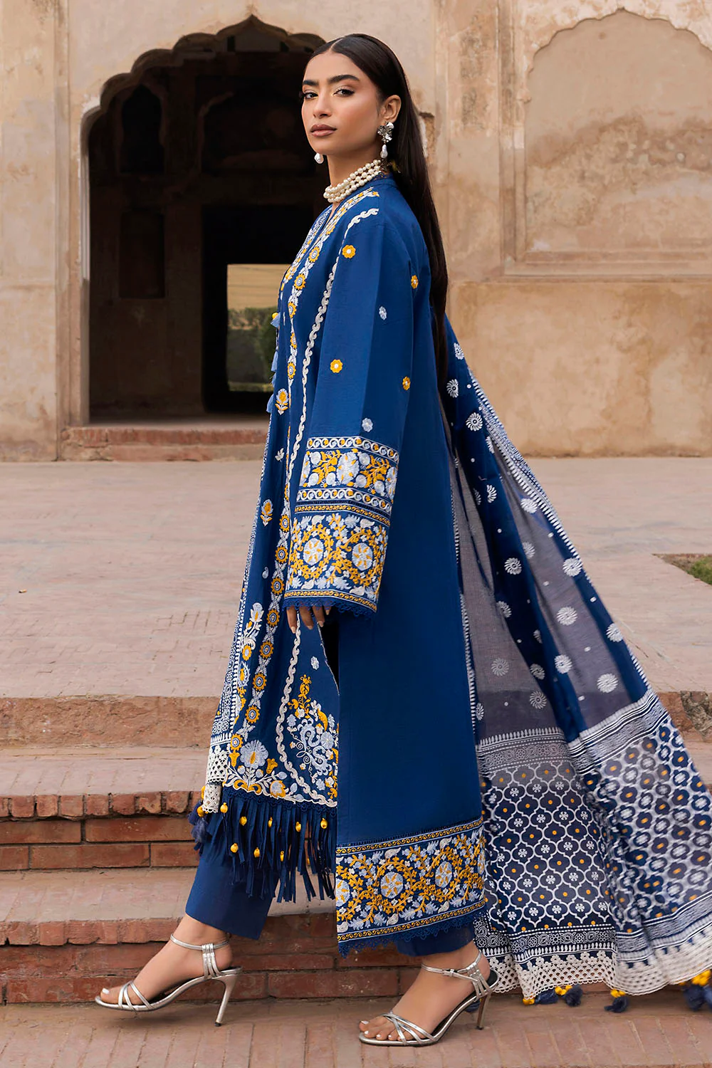 3 Piece Embroidered Lawn Suit with Lacquer Printed Denting Dupatta - Image 3