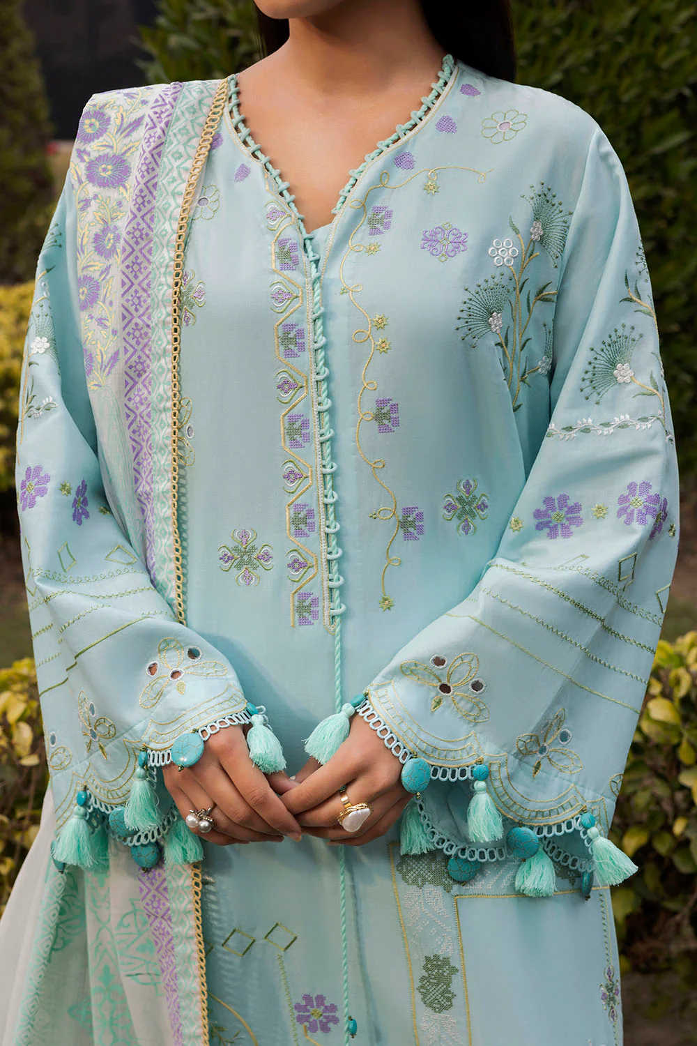 3 Piece Embroidered Lawn Suit with Lacquer Printed Denting Dupatta - Image 2