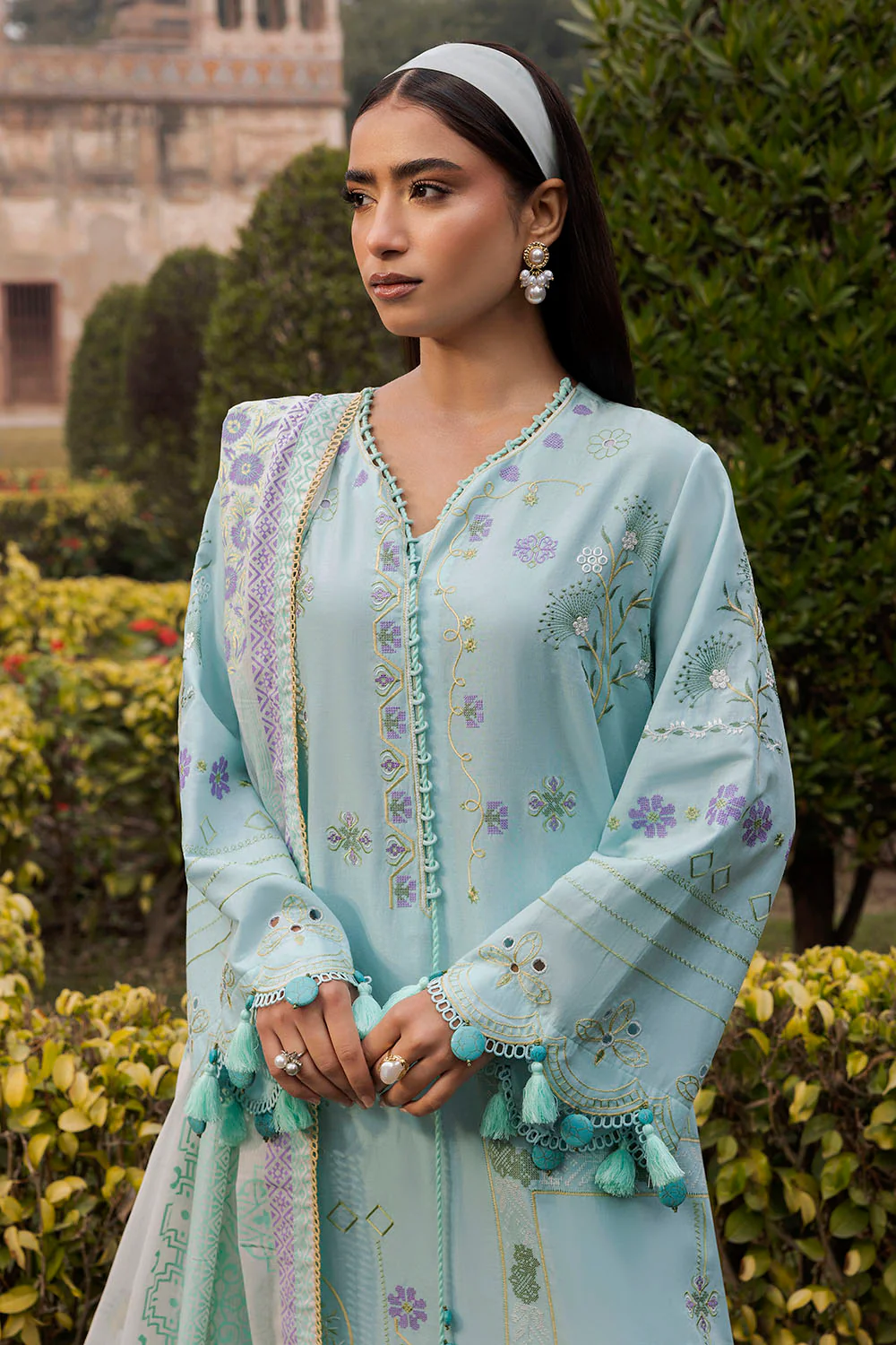 3 Piece Embroidered Lawn Suit with Lacquer Printed Denting Dupatta - Image 3